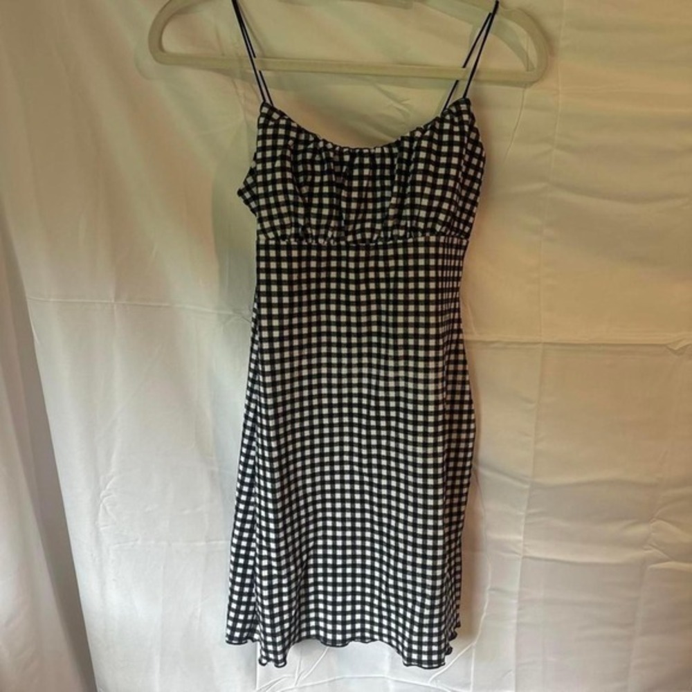 Black White Gingham Mini Dress Spaghetti Strap Ruched Bust Lettuce Hem